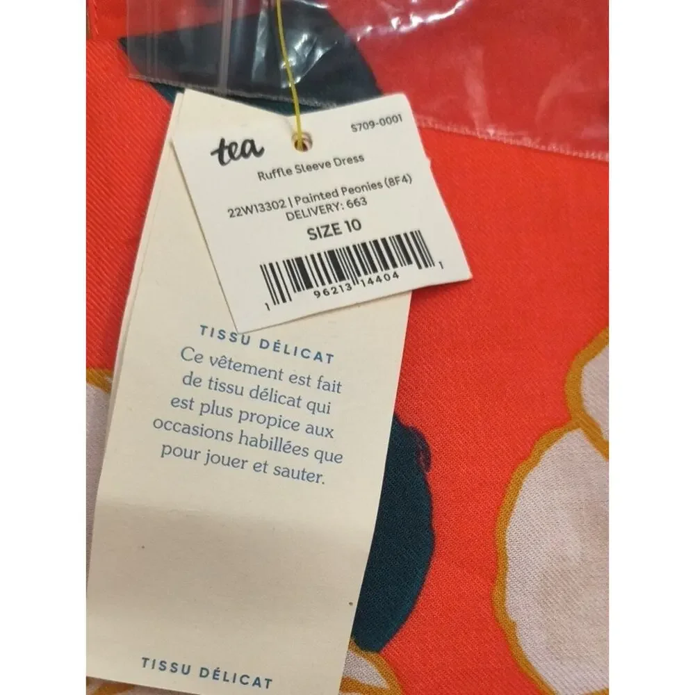 Tea Collection Ruffle Sleeve Dress Painted Peonies Size 10 NWT